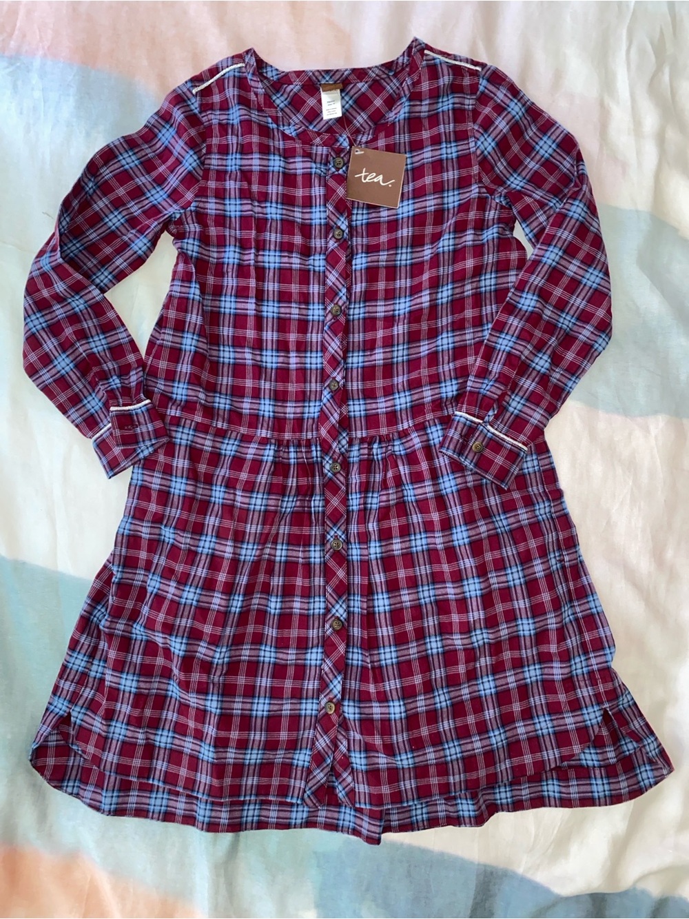 Tea Collection Burgundy & Light Blue Plaid Button-Front Dress Girls Size 12 NEW
